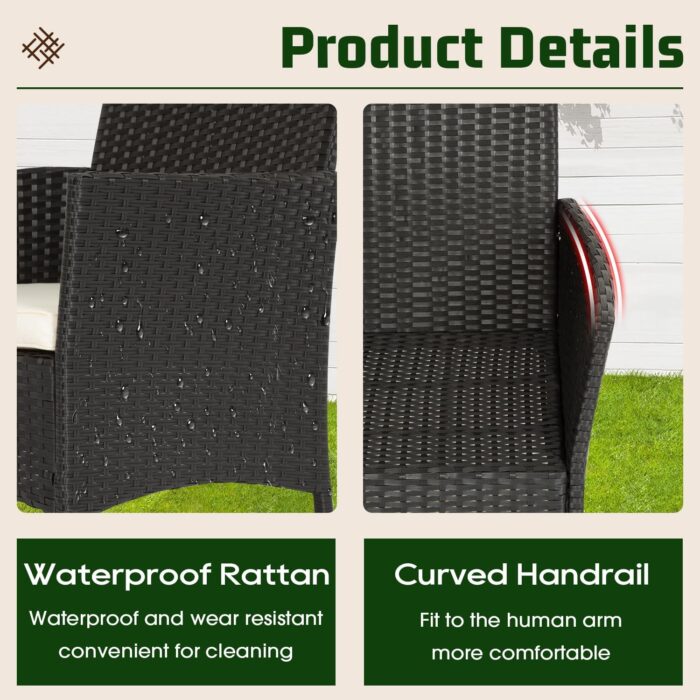 The sleek and modern glass-top table complementing the wicker rattan chairs in the patio furniture set.