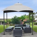 The gazebo canopy features a double-tier roof for ventilation and preventing water buildup.