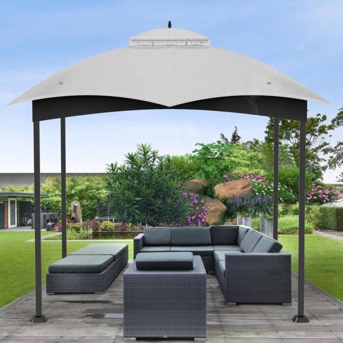 The gazebo canopy features a double-tier roof for ventilation and preventing water buildup.