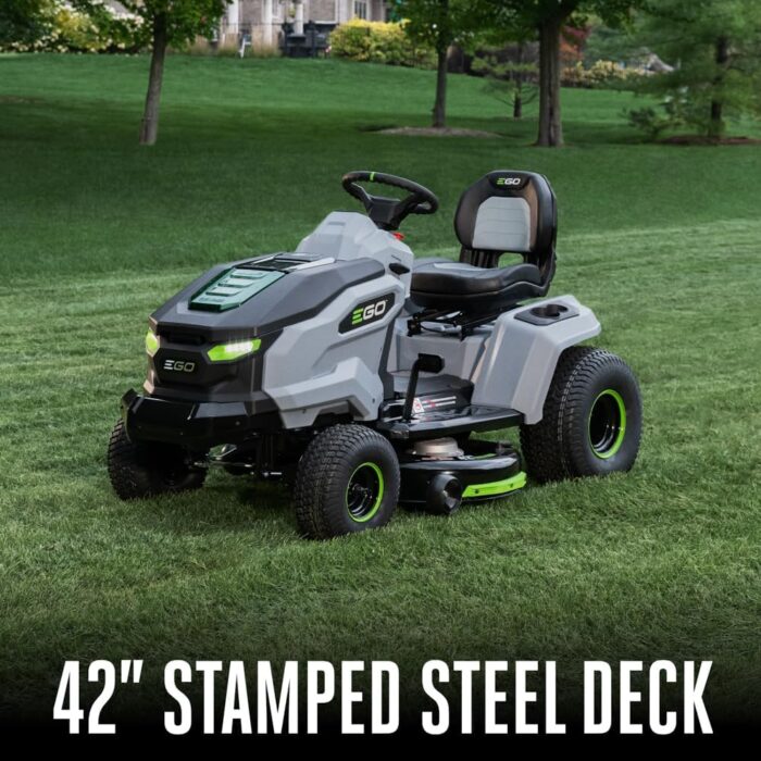 EGO riding lawn mower with 6 x 56V 6.0Ah batteries, perfect for long-lasting lawn care.