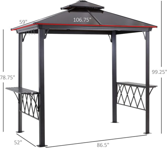The BBQ Gazebo Canopy set up outdoors with polycarbonate roof and storage shelves for grilling.