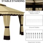 The outdoor gazebo features removable curtains and mesh netting to block insects and provide privacy.