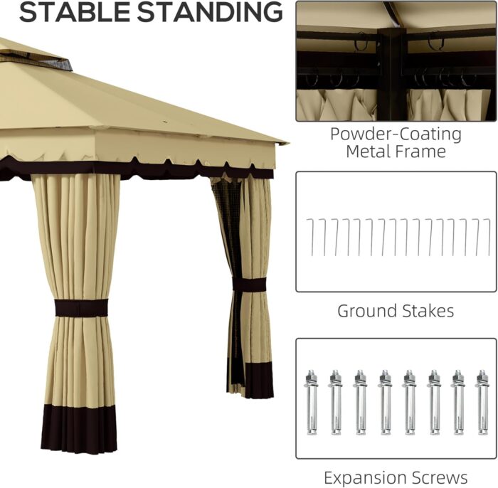 The outdoor gazebo features removable curtains and mesh netting to block insects and provide privacy.