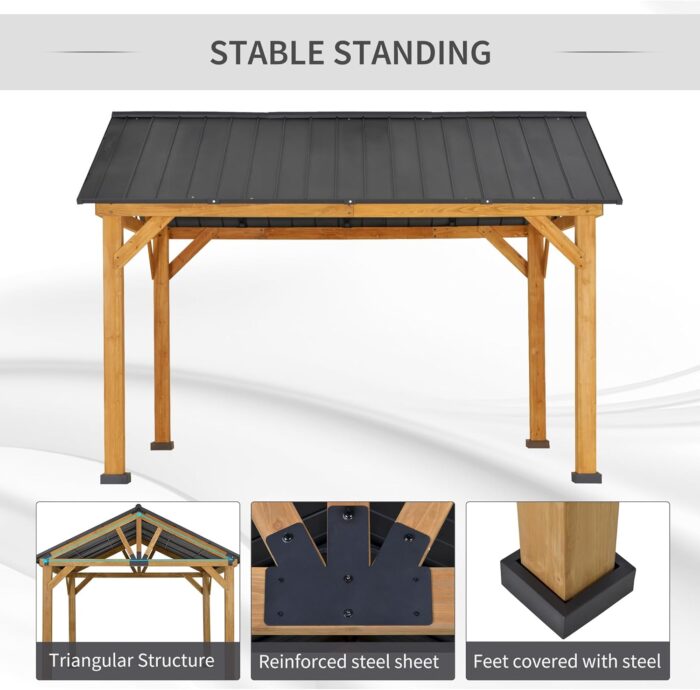 Strong steel feet of the wooden gazebo keep it firmly anchored outdoors.