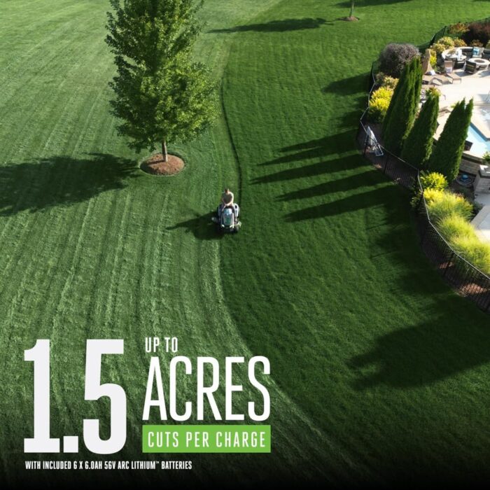 EGO riding lawn mower's 42-inch deck and 3 drive speeds for easy handling and mowing.