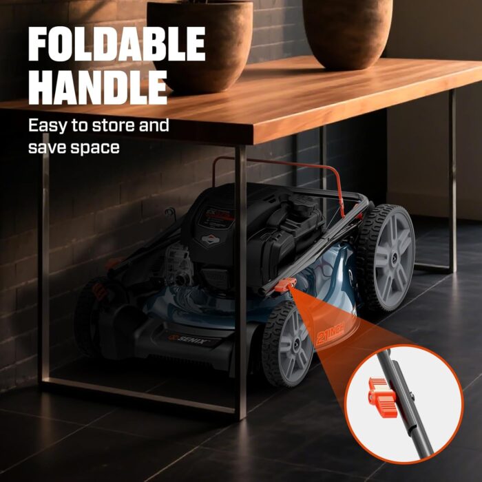 The gas lawn mower features 8-inch front wheels and 11-inch rear wheels for smooth operation.