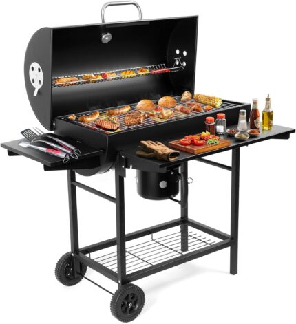 Spacious outdoor cooking for BBQ barrel grill with dual burners, side table, and warming rack for backyard grilling.