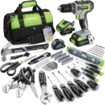 Comprehensive power tools kit with 20V cordless drill, 2-speed driver, and 157 accessories for DIY and home repairs.