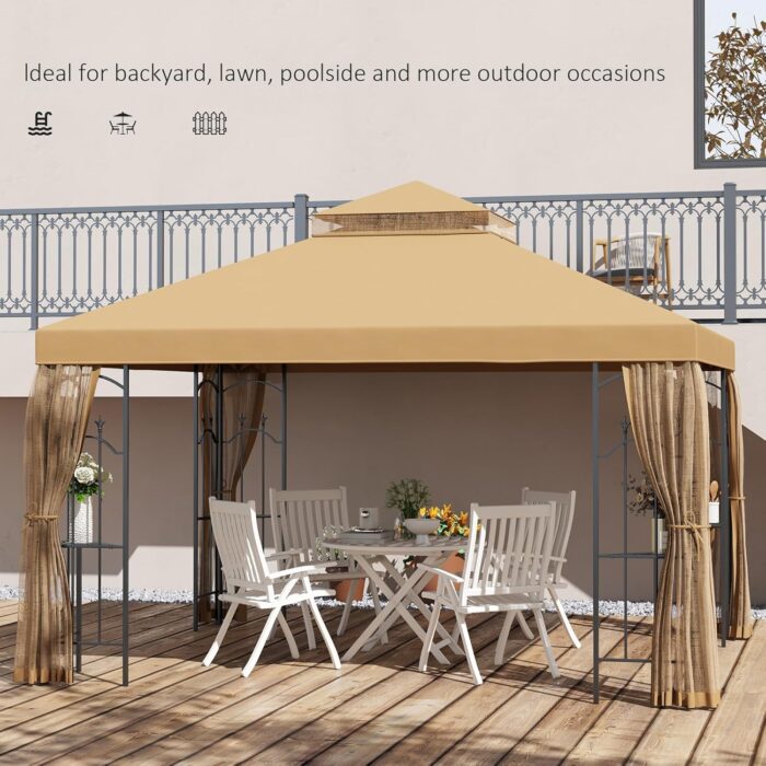 The outdoor gazebo provides enough space for parties, weddings, and garden events.