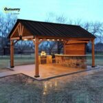 Natural wood frame of the wooden gazebo adds sophistication and charm to any patio or garden.