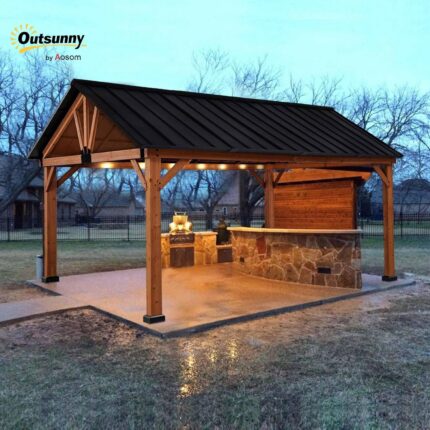 Natural wood frame of the wooden gazebo adds sophistication and charm to any patio or garden.