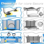 Adjustable 3-level gymnastics bar promotes physical fitness and balance on this outdoor trampoline for kids.