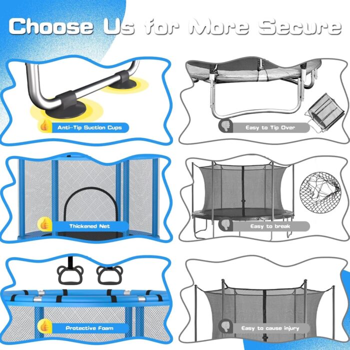 Adjustable 3-level gymnastics bar promotes physical fitness and balance on this outdoor trampoline for kids.