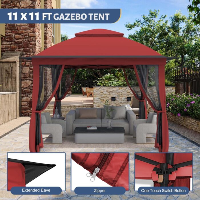 The side curtains of the gazebo canopy provide privacy and protect from wind and glare.