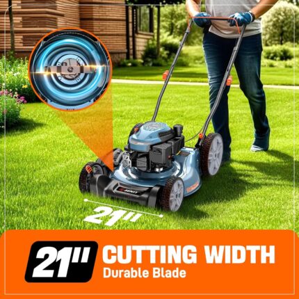 The gas lawn mower featuring 8-inch front wheels and 11-inch rear wheels for easy maneuvering.