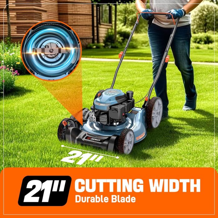 The gas lawn mower featuring 8-inch front wheels and 11-inch rear wheels for easy maneuvering.