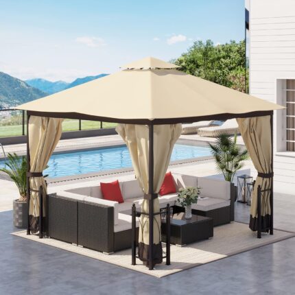 Removable mesh netting and curtains on the outdoor gazebo for privacy and insect protection.