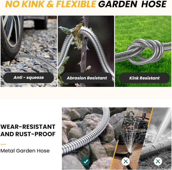 The heavy duty hose includes a 10-function nozzle for multiple spray options like mist, jet, and shower.