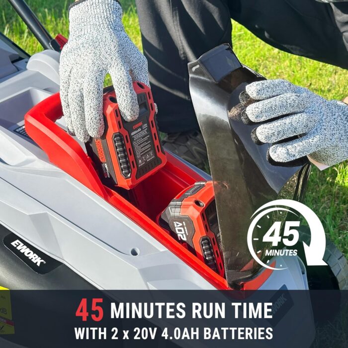 The electric lawn mower with two 20V 4.0Ah lithium-ion batteries for longer runtime.