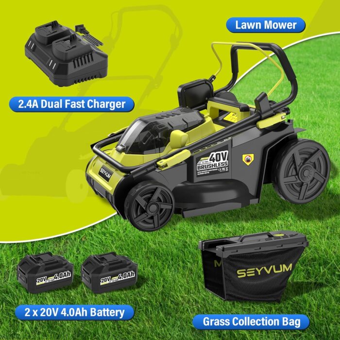 The electric lawn mower with large 45L grass bag for efficient mowing.