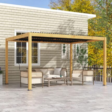 Close-up of the hardtop gazebo with an adjustable louvered roof that provides customizable sunlight control.