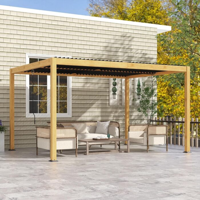 Close-up of the hardtop gazebo with an adjustable louvered roof that provides customizable sunlight control.