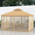 The outdoor gazebo includes stakes and ropes for quick setup and secure mounting.