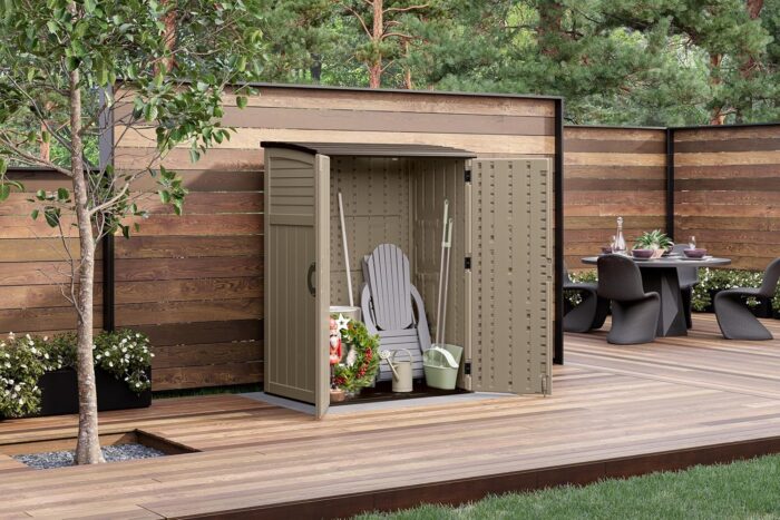 Weather-resistant sheds for garden tools made from durable resin for long-lasting outdoor use.