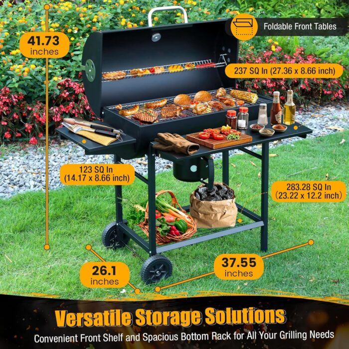 Portable outdoor cooking for BBQ grill with two wheels for easy movement around patio or backyard.