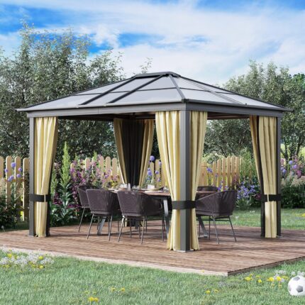The hardtop gazebo set up outdoors with polycarbonate roof and mesh netting.