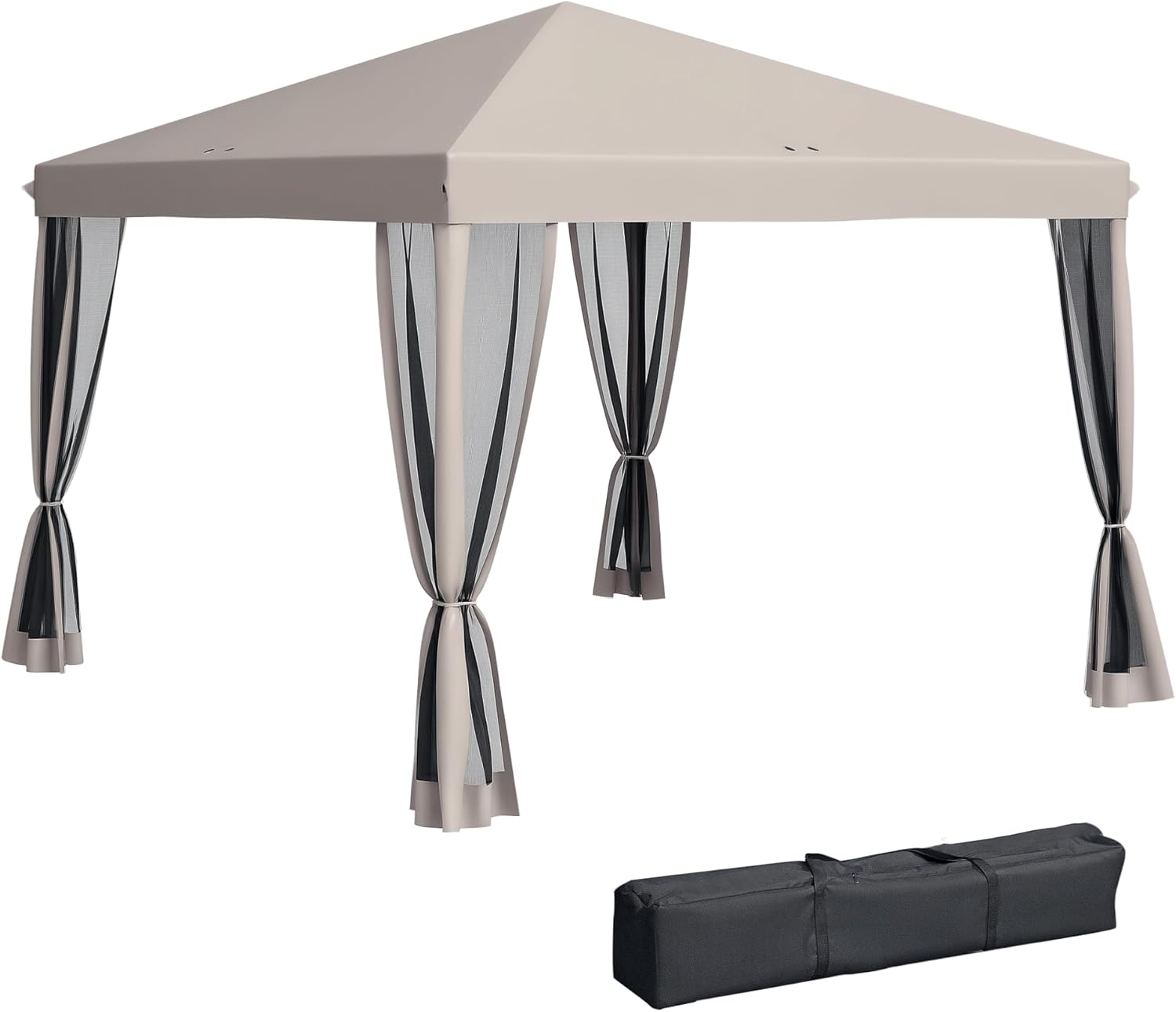 Outsunny 10x10 Pop Up Canopy Tent with Netting Gazebo full view showing the 10' x 10' size, beige top, and attached protective mesh netting sidewalls.