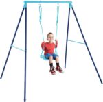 Swing set A-Frame metal stand shown fully assembled in a backyard setting.
