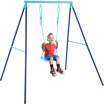 Swing set A-Frame metal stand shown fully assembled in a backyard setting.