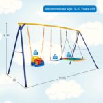Swing Set for Kids full view showing the yellow and blue color scheme, durable materials, and included ground stakes for outdoor fixation.