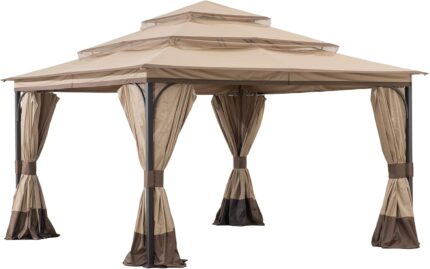 Canopy Gazebo replacement top in Khaki color shown fully assembled on the 13x13 gazebo structure.