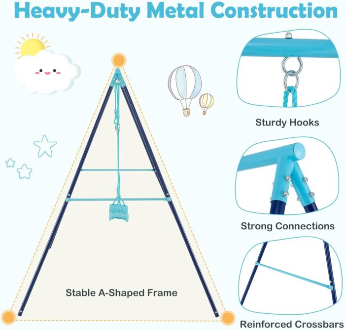 Swing set full view showing the blue+navy color scheme and its suitability for indoor or outdoor garden playground use.