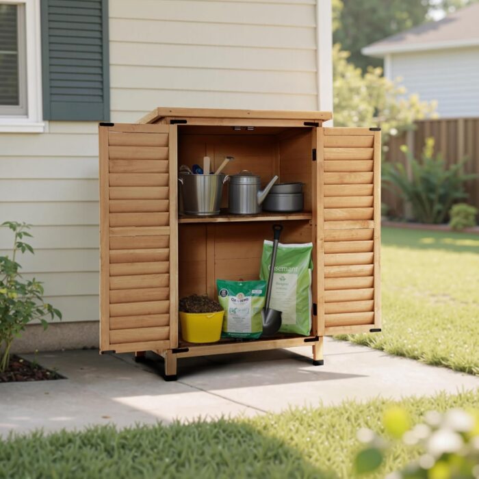 Small outdoor storage cabinet highlighting the high-quality pure fir wood construction and polished, rustic exterior style.