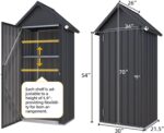 storage shed focusing on the lockable door mechanism, metal frame, and stainless steel hinges for security against porch pirates.