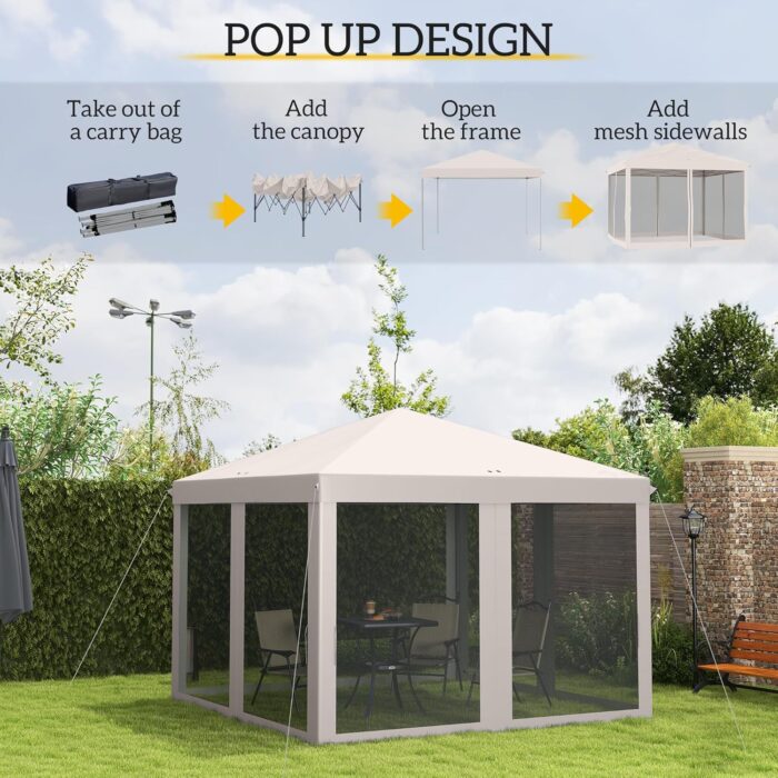 Gazebo image emphasizing the beige Oxford fabric top and drain holes designed to block UV rays and prevent water accumulation.