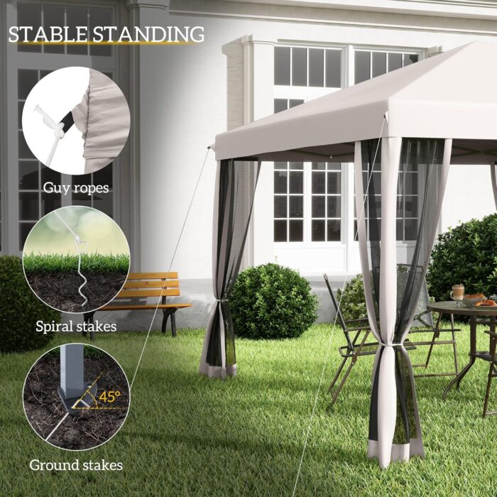 Gazebo focusing on the four mesh netting sidewalls that keep out insects while allowing the breeze through.