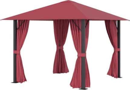 10x10 Gazebo full view showing the wine red shelter installed in a backyard with the ground support stakes visible for stability.