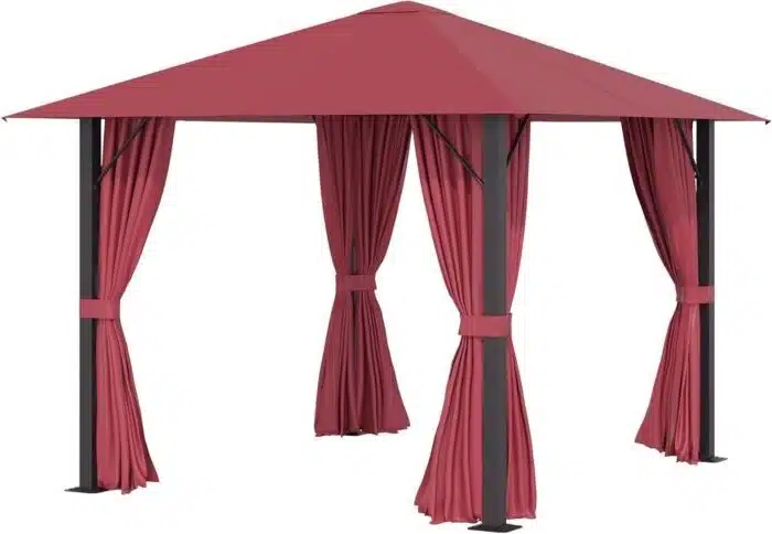 Gazebo Stakes for Mounting to Soft Ground 10x10 Gazebo full view showing the wine red shelter installed in a backyard with the ground support stakes visible for stability.